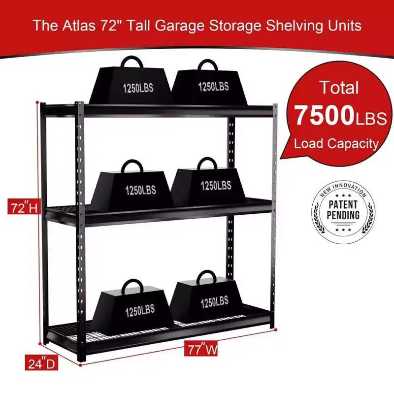 Atlas Shelving 3-Tier 77"x24"x72" 7500lbs Heavy Duty Steel Shelving Dark Gray: Adjustable Rust-Resistant Utility Storage