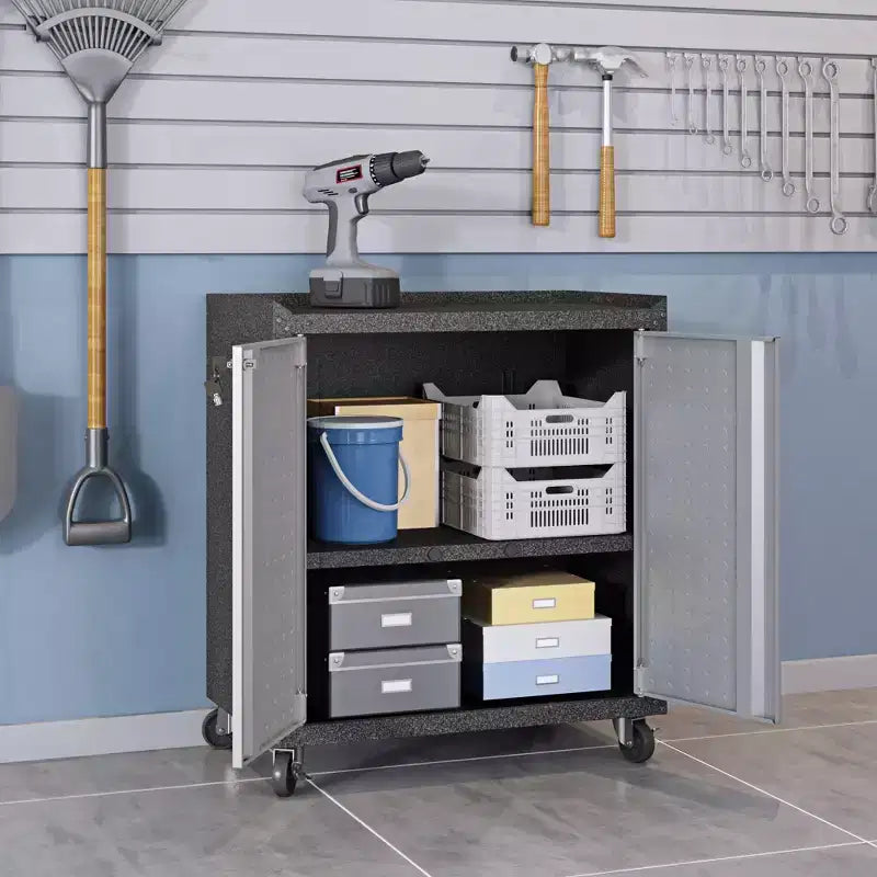 Manhattan Comfort Fortress 3pc Mobile Space Saving Garage Cabinet and Worktable Set 2.0 Gray: Lockable Storage, Adjustable Shelves, Casters