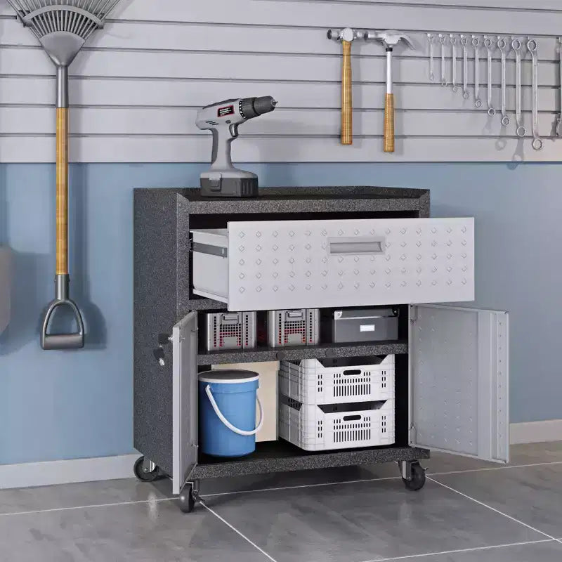 Manhattan Comfort Fortress 3pc Mobile Space Saving Garage Cabinet and Worktable Set 2.0 Gray: Lockable Storage, Adjustable Shelves, Casters