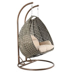Egg-Shaped Hanging Swing Chair with Metal Stand, Wicker Frame & Cushion ¨C Beige / Charcoal Blue / White / Blue / Antique White / Brown / Canvas, Seats 2