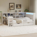 Divano Letto a "L" in Legno con Scrivania, Mobile Libreria, Letto Angolare con Cassetti Sottostanti, Testiera Imbottita con Luce Integrata