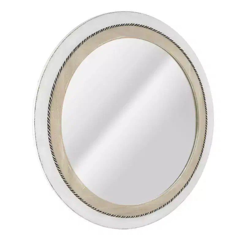 23" x 23" Rustic Wood Framed Round Wall Mirror with Inlaid Rope White/Brown - Head West: Includes Mounting Hardware, No Assembly Required