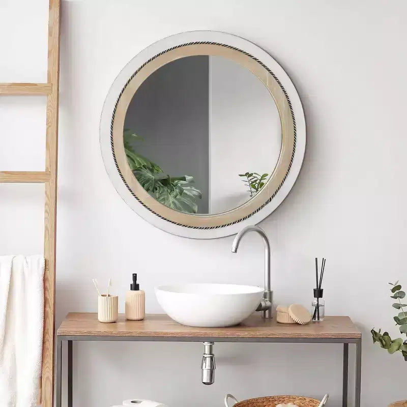 23" x 23" Rustic Wood Framed Round Wall Mirror with Inlaid Rope White/Brown - Head West: Includes Mounting Hardware, No Assembly Required
