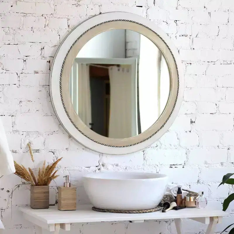 23" x 23" Rustic Wood Framed Round Wall Mirror with Inlaid Rope White/Brown - Head West: Includes Mounting Hardware, No Assembly Required