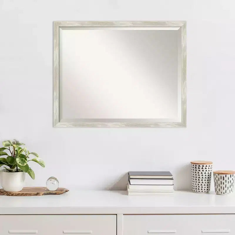 30" x 24" Crackled Metallic Narrow Framed Wall Mirror Silver - Amanti Art: Beveled, Polystyrene Frame, No Assembly