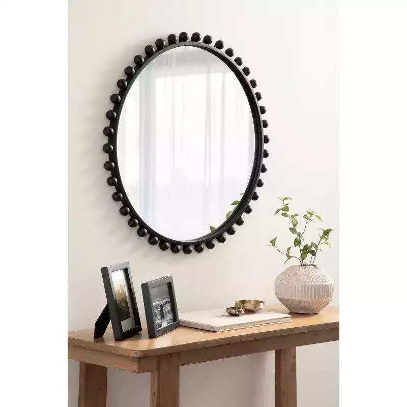 Kate & Laurel All Things Decor 28"x28" Beade Round Wall Mirror Black
