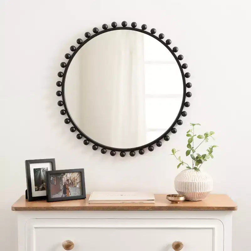 Kate & Laurel All Things Decor 28"x28" Beade Round Wall Mirror Black