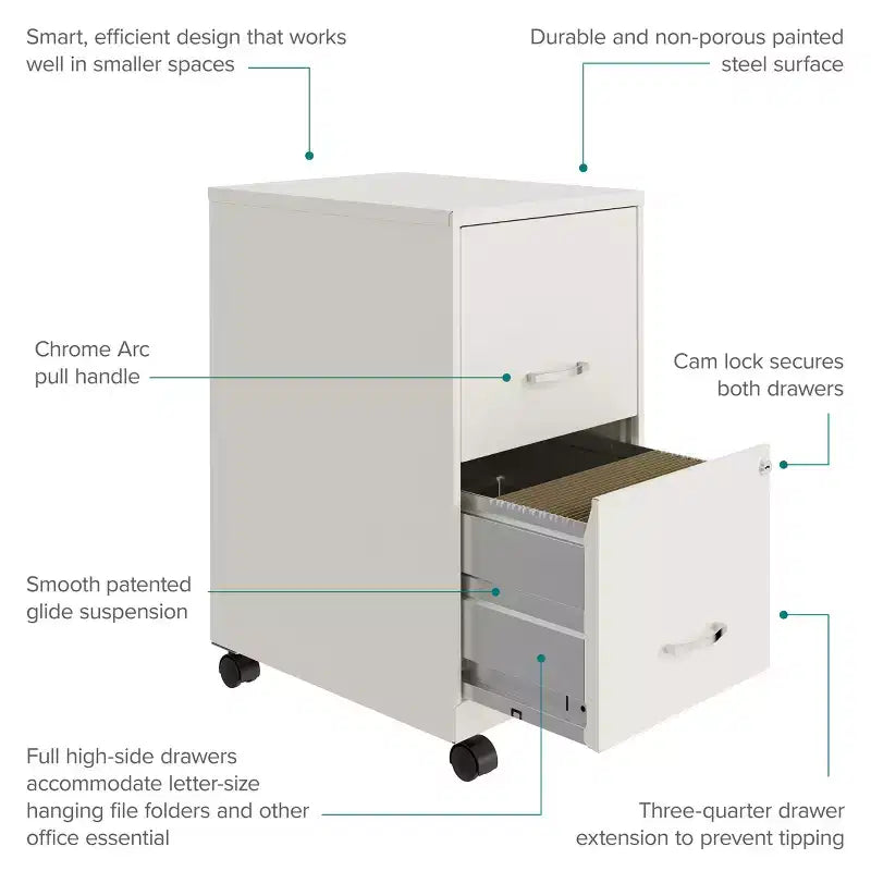 Space Solutions 18" Deep 2 Drawer Mobile Letter Width Vertical File Cabinet Pearl White