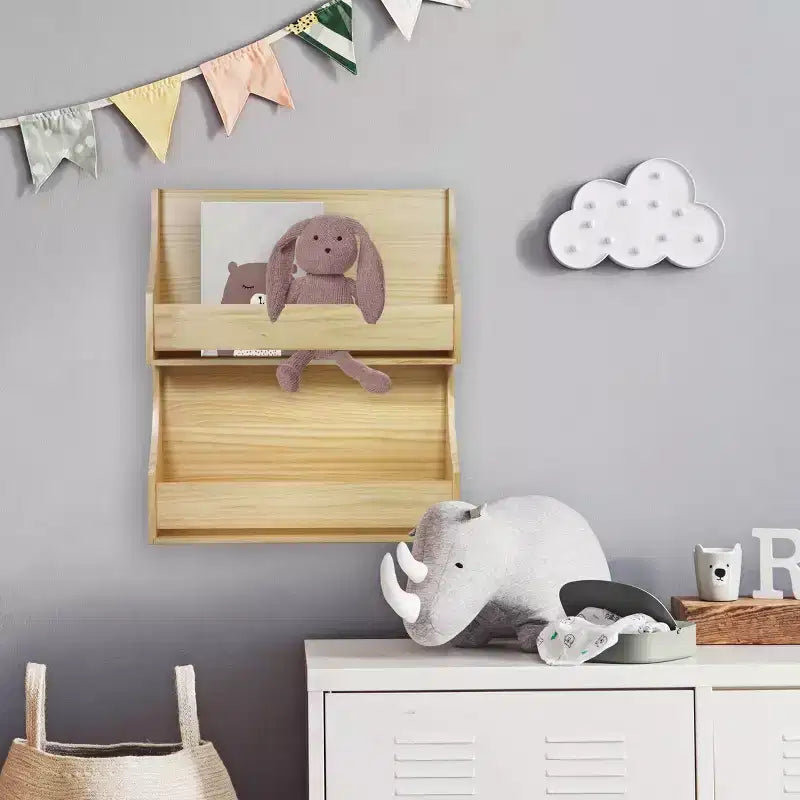 2 Tier Wood Kids' Book Shelf Natural - Pillowfort™: Wall Bookshelf Organizer, Off-White, No Assembly Required