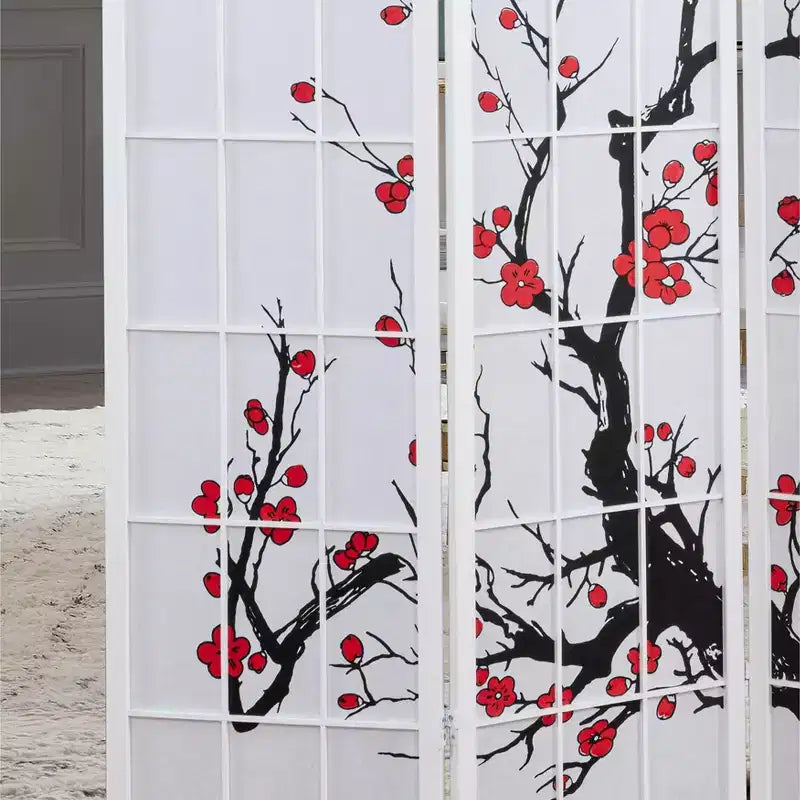 Roundhill Furniture Japanese 4-Panel Screen Room Divider, Plum Blossom