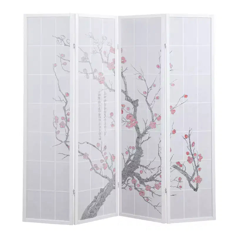 Roundhill Furniture Japanese 4-Panel Screen Room Divider, Plum Blossom