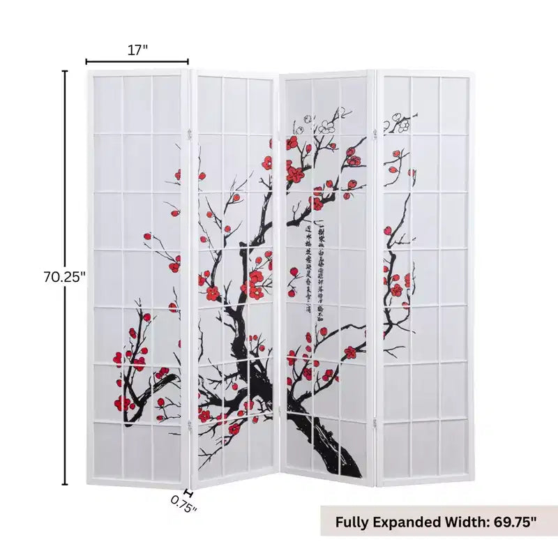 Roundhill Furniture Japanese 4-Panel Screen Room Divider, Plum Blossom