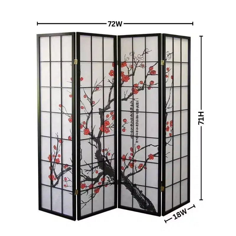 Roundhill Furniture Japanese 4-Panel Screen Room Divider, Plum Blossom