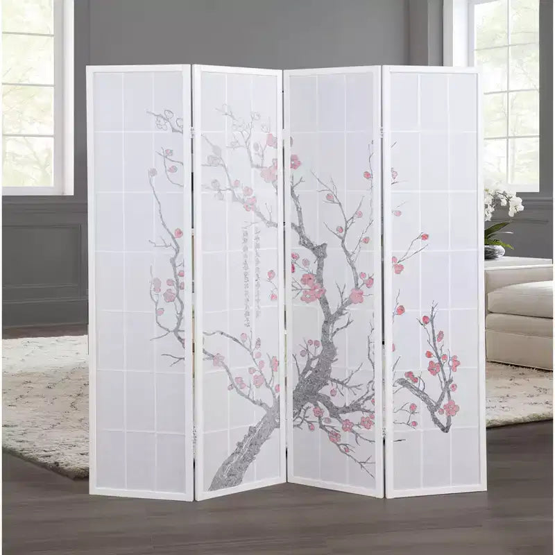 Roundhill Furniture Japanese 4-Panel Screen Room Divider, Plum Blossom
