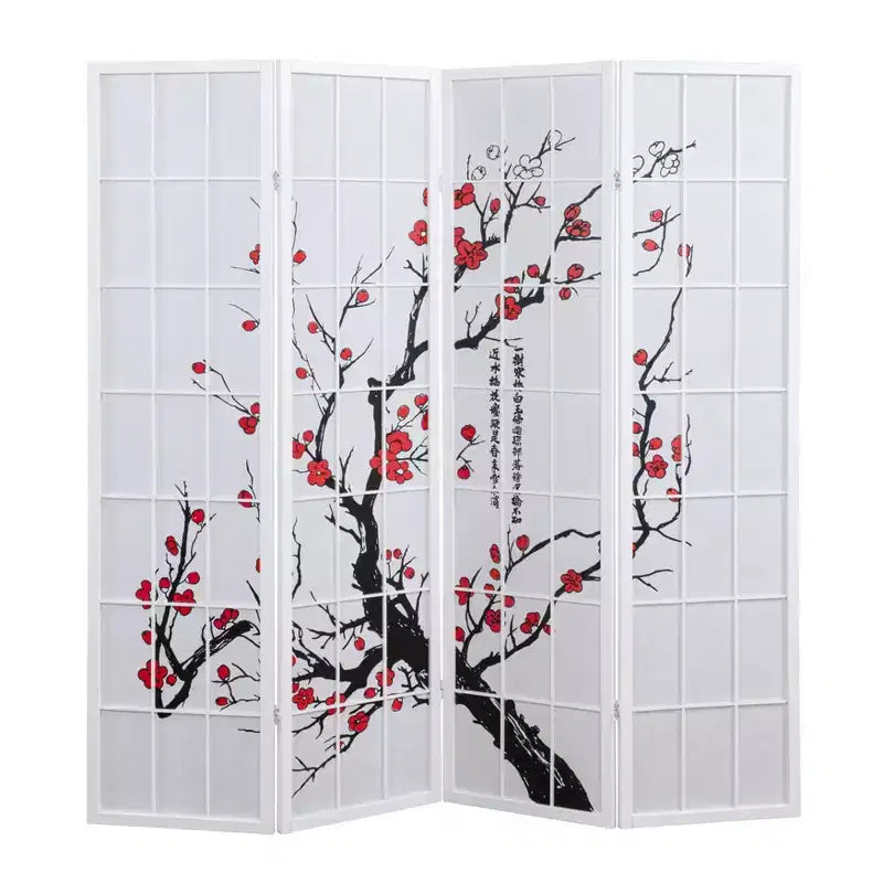 Roundhill Furniture Japanese 4-Panel Screen Room Divider, Plum Blossom