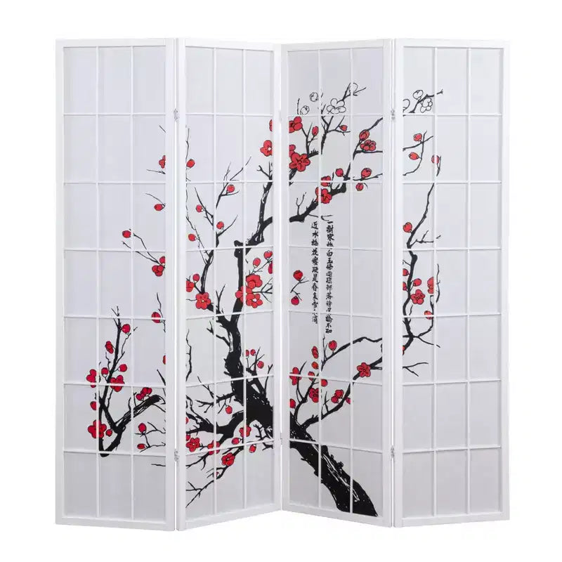 Roundhill Furniture Japanese 4-Panel Screen Room Divider, Plum Blossom