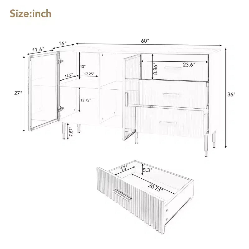Whisen Modern Sideboard Marble Sticker Tabletop with Gold Metal Legs and Handles for Dining Room, Living Room