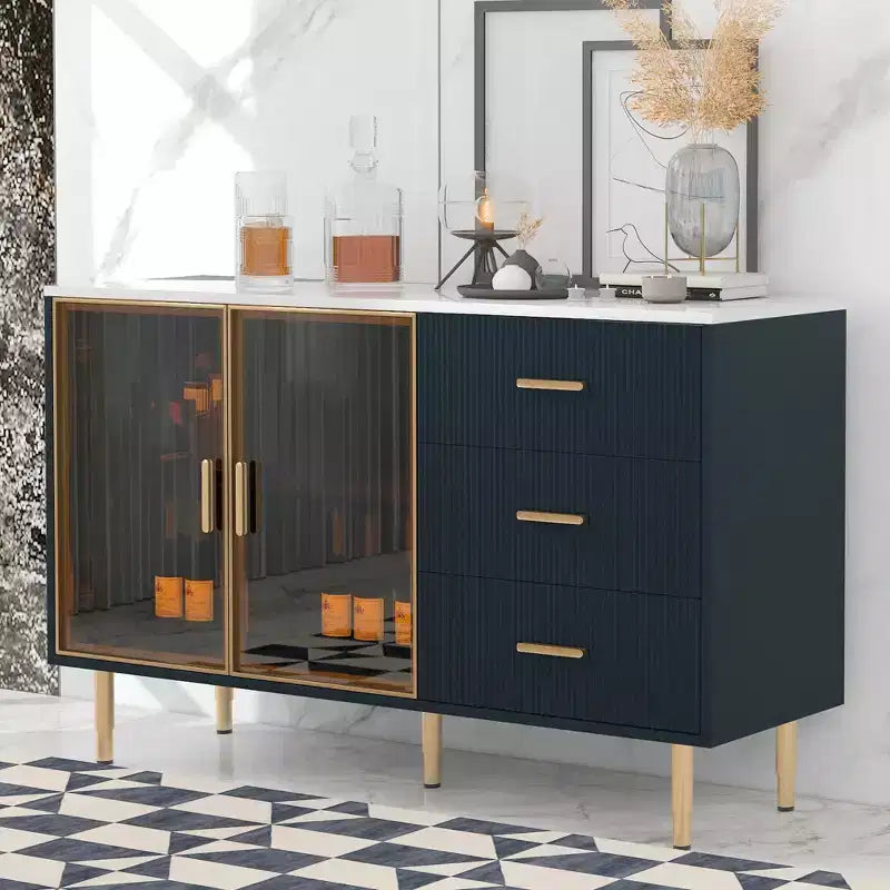 Whisen Modern Sideboard Marble Sticker Tabletop with Gold Metal Legs and Handles for Dining Room, Living Room
