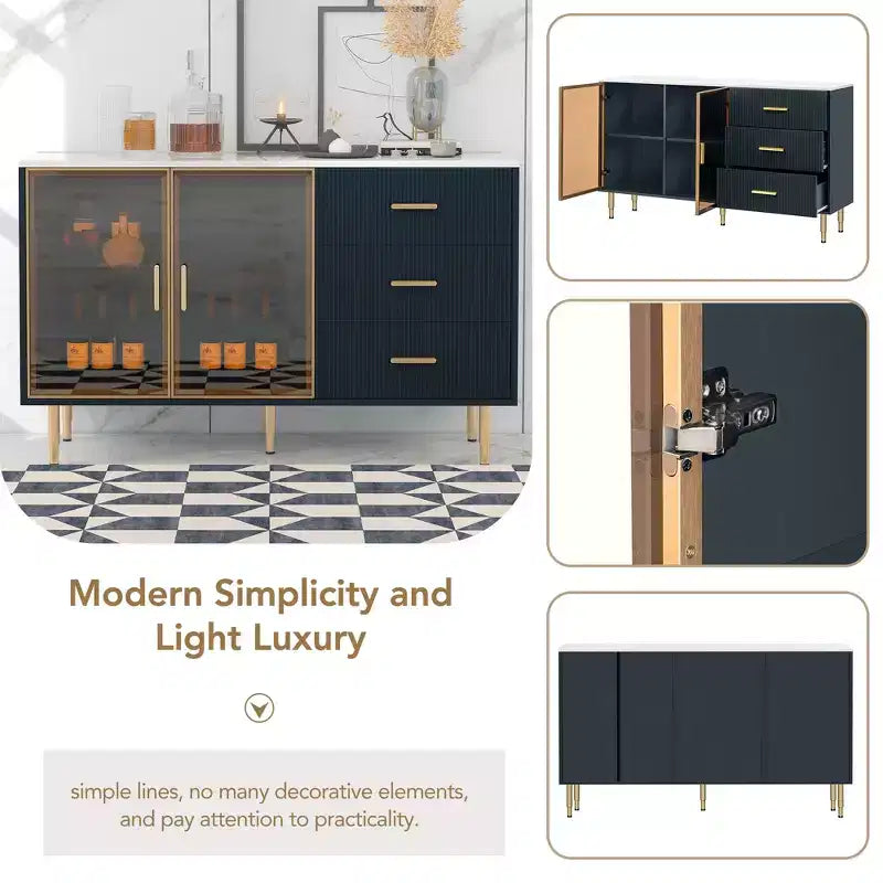 Whisen Modern Sideboard Marble Sticker Tabletop with Gold Metal Legs and Handles for Dining Room, Living Room