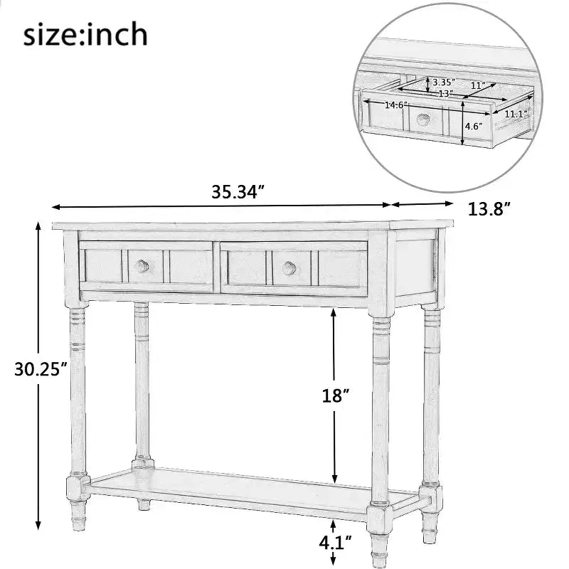 Whisen Rustic Console Table Traditional Design with Two Drawers and Bottom Shelf