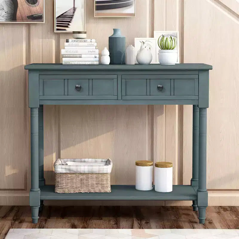 Whisen Rustic Console Table Traditional Design with Two Drawers and Bottom Shelf