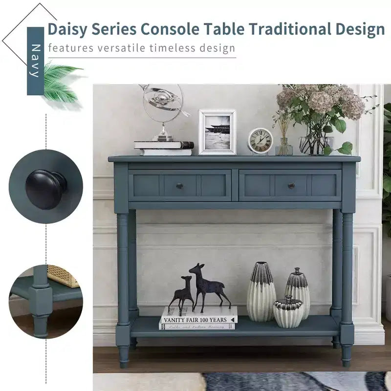 Whisen Rustic Console Table Traditional Design with Two Drawers and Bottom Shelf