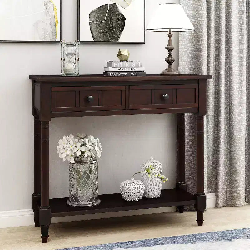 Whisen Rustic Console Table Traditional Design with Two Drawers and Bottom Shelf