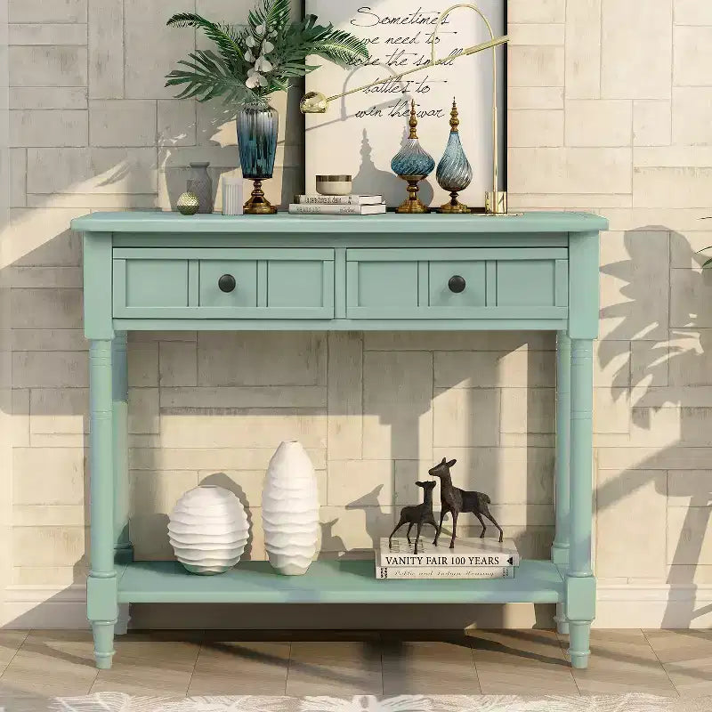 Whisen Rustic Console Table Traditional Design with Two Drawers and Bottom Shelf