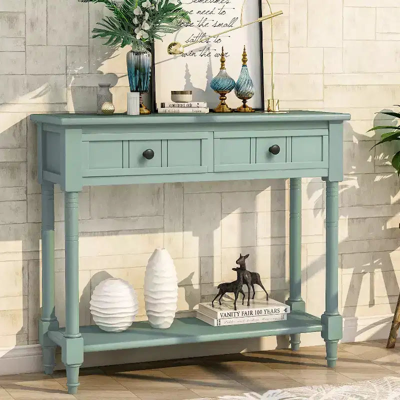 Whisen Rustic Console Table Traditional Design with Two Drawers and Bottom Shelf