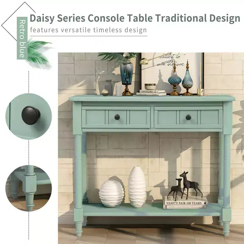 Whisen Rustic Console Table Traditional Design with Two Drawers and Bottom Shelf