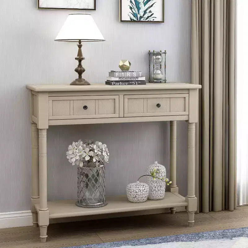 Whisen Rustic Console Table Traditional Design with Two Drawers and Bottom Shelf