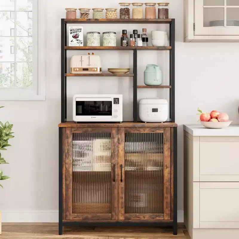 Bakers Rack with Cabinet 5 Tier Microwave Stand 63.78 Microwave Storage Rack with Door Vintage Kitchen Utility Storage Shelf