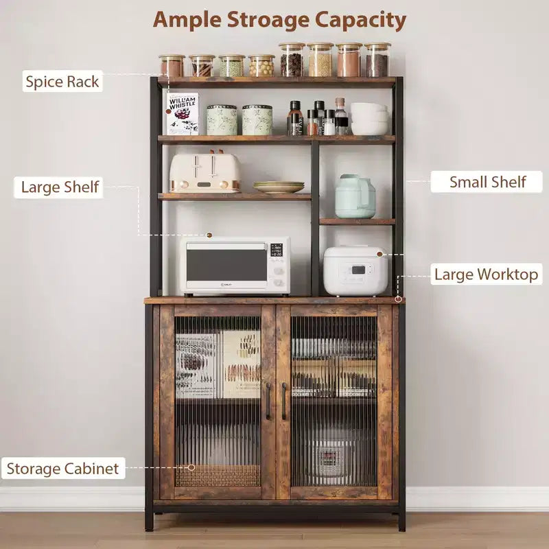 Bakers Rack with Cabinet 5 Tier Microwave Stand 63.78 Microwave Storage Rack with Door Vintage Kitchen Utility Storage Shelf