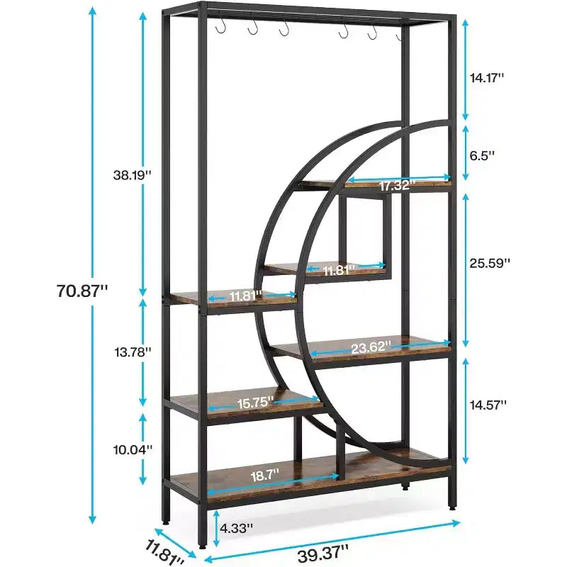 7 Tier Half Moon Decorative Bookshelf with 6PC S Hanging Hooks