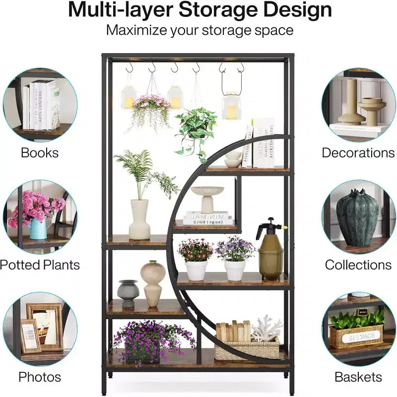 7 Tier Half Moon Decorative Bookshelf with 6PC S Hanging Hooks
