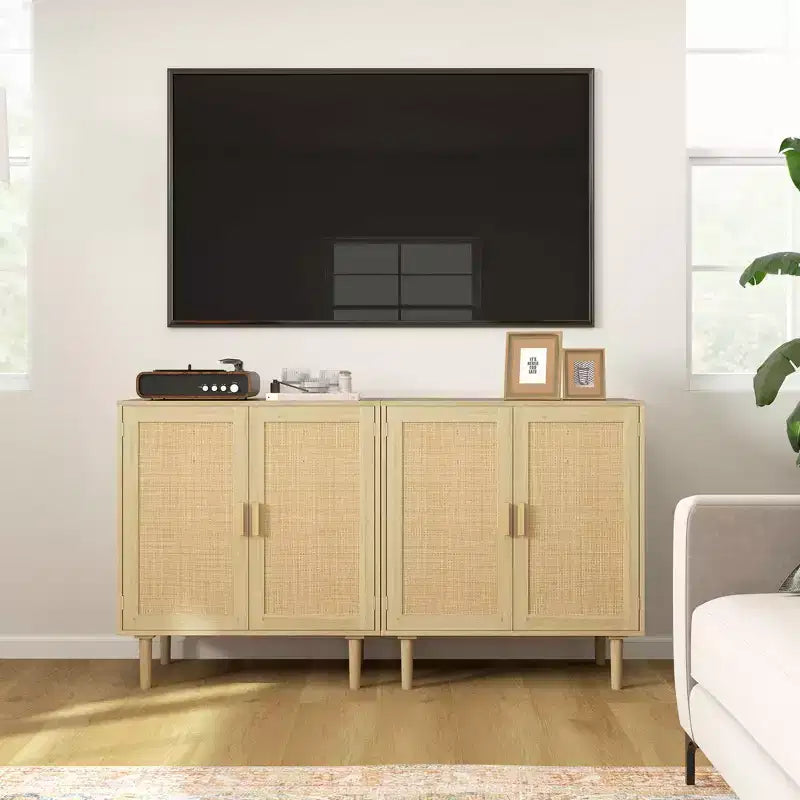 HOMCOM Bohemian Sideboard, Buffet Cabinet with Rattan Doors, Coffee Bar Cabinet with Shelves for Living Room, Hallway