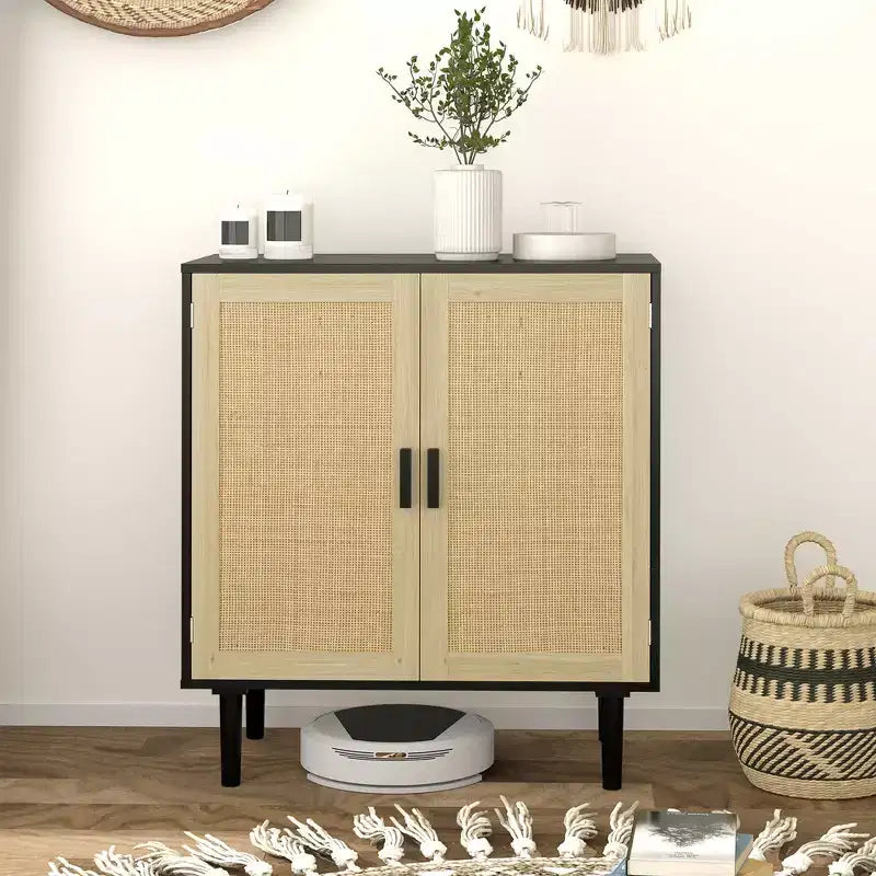HOMCOM Bohemian Sideboard, Buffet Cabinet with Rattan Doors, Coffee Bar Cabinet with Shelves for Living Room, Hallway