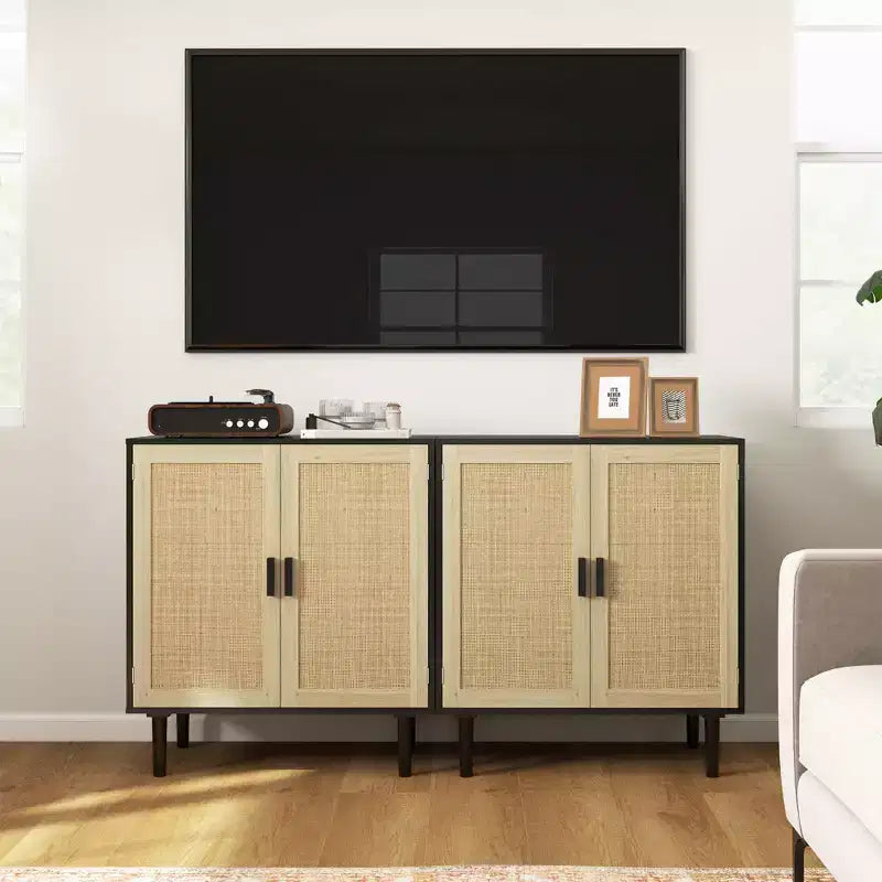 HOMCOM Bohemian Sideboard, Buffet Cabinet with Rattan Doors, Coffee Bar Cabinet with Shelves for Living Room, Hallway
