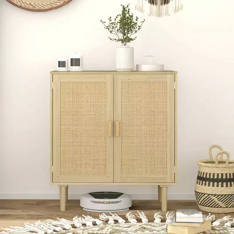 HOMCOM Bohemian Sideboard, Buffet Cabinet with Rattan Doors, Coffee Bar Cabinet with Shelves for Living Room, Hallway