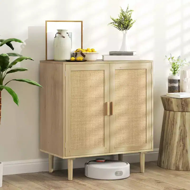 HOMCOM Bohemian Sideboard, Buffet Cabinet with Rattan Doors, Coffee Bar Cabinet with Shelves for Living Room, Hallway