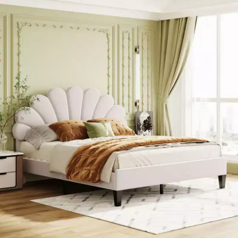 Bean Paste Red Queen-Sized Upholstered Platform Bed with Floral Velvet Headboard