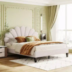 Bean Paste Red Queen-Sized Upholstered Platform Bed with Floral Velvet Headboard