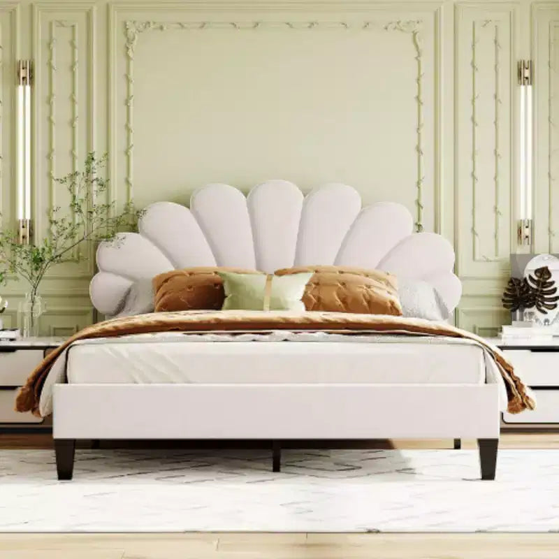 Bean Paste Red Queen-Sized Upholstered Platform Bed with Floral Velvet Headboard