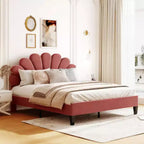 Bean Paste Red Queen-Sized Upholstered Platform Bed with Floral Velvet Headboard