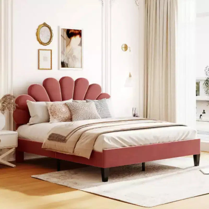 Bean Paste Red Queen-Sized Upholstered Platform Bed with Floral Velvet Headboard