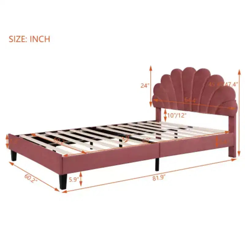 Bean Paste Red Queen-Sized Upholstered Platform Bed with Floral Velvet Headboard