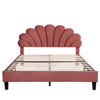 Bean Paste Red Queen-Sized Upholstered Platform Bed with Floral Velvet Headboard