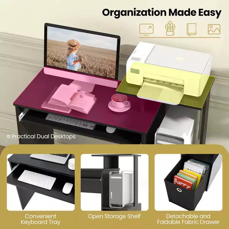 Costway Home Office Computer Desk Space-saving Study Writing Desk with Keyboard Tray White/Black