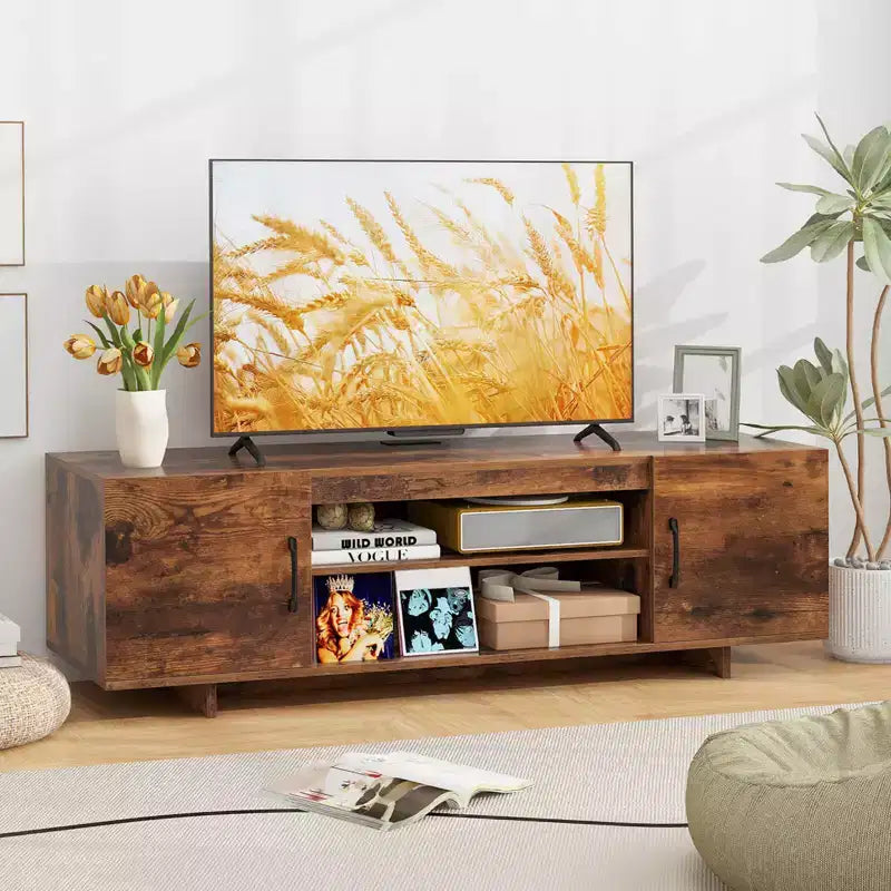 Costway TV Stand for 70 TVs Modern Entertain Center with Power Outlet & 2 Cable Holes Brown/Black