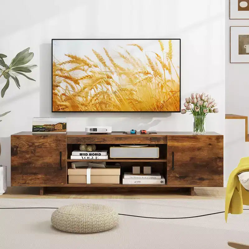 Costway TV Stand for 70 TVs Modern Entertain Center with Power Outlet & 2 Cable Holes Brown/Black